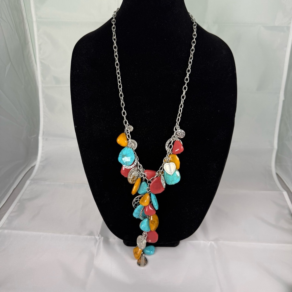 Vintage Graziano Faux Turquoise Red Orange Beads Silver Tone Long Necklace